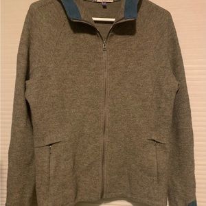 Ibex woman’s beige zip up hoodie sweater jacket / cardigan with teal accents